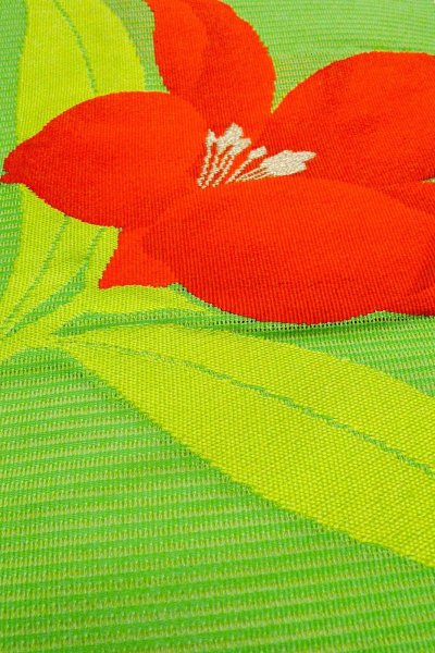 画像10: O0528J 名古屋帯 女性用着物 麻  鮮やか 黄緑色 りんどう 【中古】 【USED】 【リサイクル】 ★★★★☆ (10)