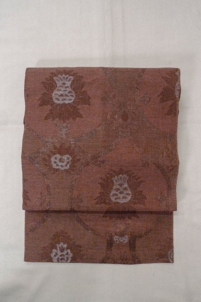 画像2: O0528K 八寸(袋名古屋)帯 女性用着物 麻 深い 灰色がかった えんじ 更紗 【中古】 【USED】 【リサイクル】 ★★★★☆ (2)