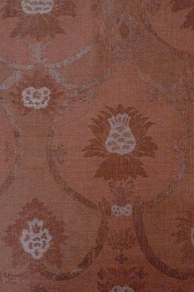 画像3: O0528K 八寸(袋名古屋)帯 女性用着物 麻 深い 灰色がかった えんじ 更紗 【中古】 【USED】 【リサイクル】 ★★★★☆ (3)