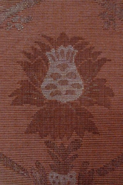 画像5: O0528K 八寸(袋名古屋)帯 女性用着物 麻 深い 灰色がかった えんじ 更紗 【中古】 【USED】 【リサイクル】 ★★★★☆ (5)