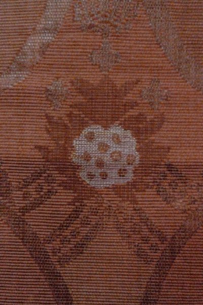 画像6: O0528K 八寸(袋名古屋)帯 女性用着物 麻 深い 灰色がかった えんじ 更紗 【中古】 【USED】 【リサイクル】 ★★★★☆ (6)