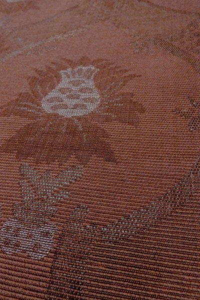 画像8: O0528K 八寸(袋名古屋)帯 女性用着物 麻 深い 灰色がかった えんじ 更紗 【中古】 【USED】 【リサイクル】 ★★★★☆ (8)