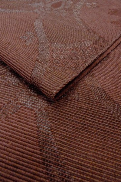 画像11: O0528K 八寸(袋名古屋)帯 女性用着物 麻 深い 灰色がかった えんじ 更紗 【中古】 【USED】 【リサイクル】 ★★★★☆ (11)