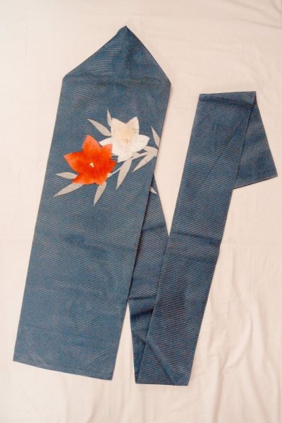 画像1: O0528L 名古屋帯 女性用着物 麻   紺 花 【中古】 【USED】 【リサイクル】 ★★★★☆ (1)
