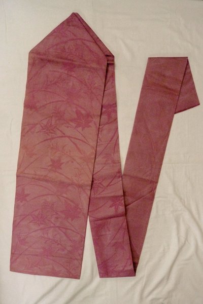 画像1: O0528M 名古屋帯 女性用着物 麻  灰色がかった 藤色 もみじ 【中古】 【USED】 【リサイクル】 ★★☆☆☆ (1)