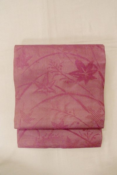 画像2: O0528M 名古屋帯 女性用着物 麻  灰色がかった 藤色 もみじ 【中古】 【USED】 【リサイクル】 ★★☆☆☆ (2)