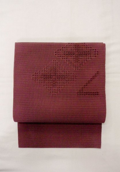 画像2: O0528N 八寸(袋名古屋)帯 女性用着物 麻   えんじ 抽象的模様 【中古】 【USED】 【リサイクル】 ★★★★☆ (2)