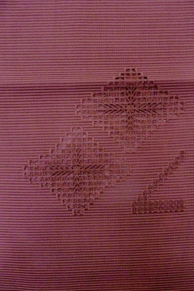 画像3: O0528N 八寸(袋名古屋)帯 女性用着物 麻   えんじ 抽象的模様 【中古】 【USED】 【リサイクル】 ★★★★☆ (3)