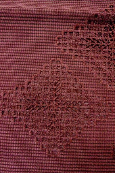 画像6: O0528N 八寸(袋名古屋)帯 女性用着物 麻   えんじ 抽象的模様 【中古】 【USED】 【リサイクル】 ★★★★☆ (6)