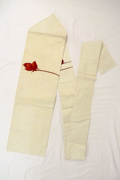 画像1: O0528O 名古屋帯 女性用着物 麻   オフ　ホワイト バラ 【中古】 【USED】 【リサイクル】 ★★☆☆☆ (1)