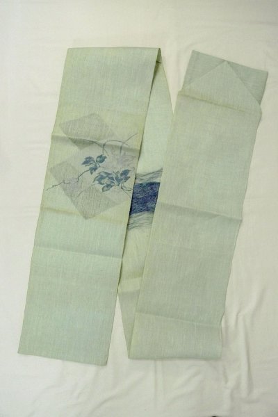 画像1: O0528P 八寸（袋名古屋）帯 女性用着物 麻  淡い 水色 花 【中古】 【USED】 【リサイクル】 ★☆☆☆☆ (1)