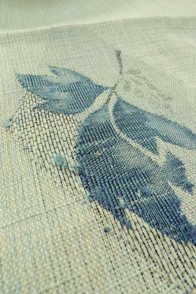 画像11: O0528P 八寸（袋名古屋）帯 女性用着物 麻  淡い 水色 花 【中古】 【USED】 【リサイクル】 ★☆☆☆☆ (11)