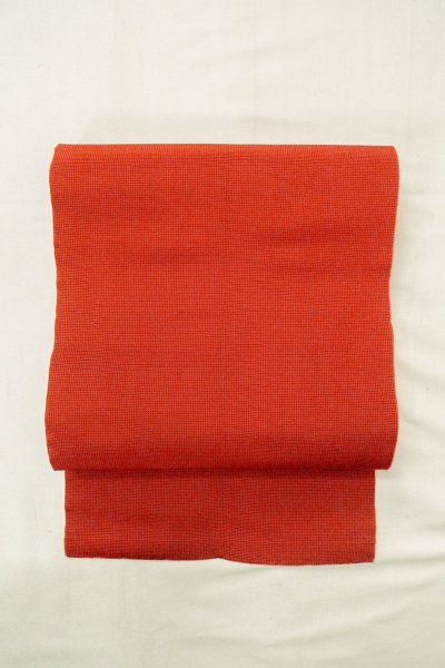 画像2: O0528R 八寸（袋名古屋）帯 女性用着物 シルク（正絹）  鮮やか 朱赤 チェック柄 【中古】 【USED】 【リサイクル】 ★★☆☆☆ (2)