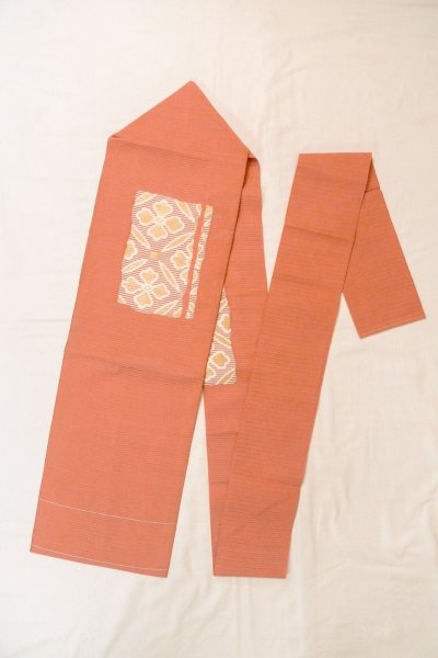 画像1: O0528S 名古屋帯 女性用着物 麻  淡い 珊瑚色 花 【中古】 【USED】 【リサイクル】 ★★☆☆☆ (1)