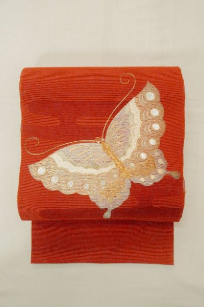 画像2: O0528T 八寸（袋名古屋）帯 女性用着物 麻   朱赤 蝶々 【中古】 【USED】 【リサイクル】 ★★★☆☆ (2)