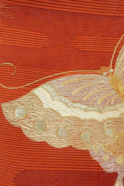 画像6: O0528T 八寸（袋名古屋）帯 女性用着物 麻   朱赤 蝶々 【中古】 【USED】 【リサイクル】 ★★★☆☆ (6)