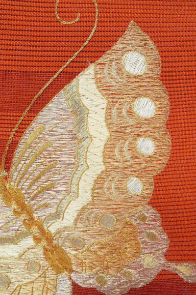 画像7: O0528T 八寸（袋名古屋）帯 女性用着物 麻   朱赤 蝶々 【中古】 【USED】 【リサイクル】 ★★★☆☆ (7)