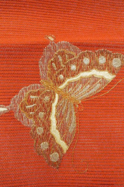 画像8: O0528T 八寸（袋名古屋）帯 女性用着物 麻   朱赤 蝶々 【中古】 【USED】 【リサイクル】 ★★★☆☆ (8)