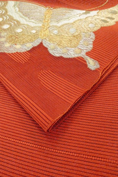 画像12: O0528T 八寸（袋名古屋）帯 女性用着物 麻   朱赤 蝶々 【中古】 【USED】 【リサイクル】 ★★★☆☆ (12)