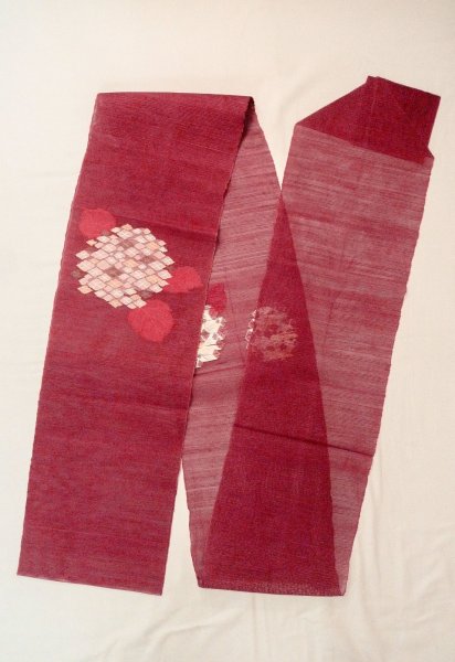画像1: O0528Y 八寸（袋名古屋）帯 女性用着物 麻  深い えんじ 花 【中古】 【USED】 【リサイクル】 ★★★☆☆ (1)
