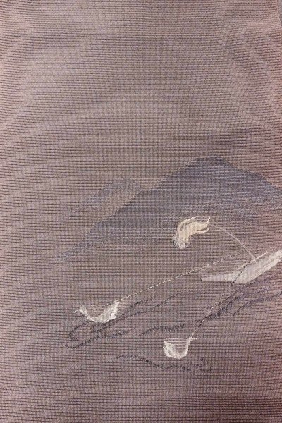 画像3: O0529B 八寸（袋名古屋）帯 女性用着物 麻  灰色がかった 紫色 鳥 【中古】 【USED】 【リサイクル】 ★★☆☆☆ (3)