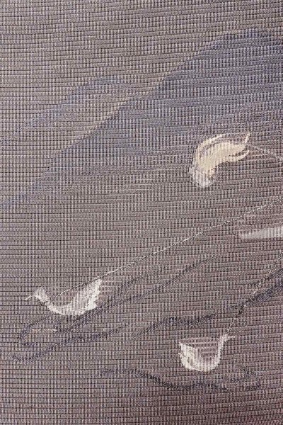 画像6: O0529B 八寸（袋名古屋）帯 女性用着物 麻  灰色がかった 紫色 鳥 【中古】 【USED】 【リサイクル】 ★★☆☆☆ (6)