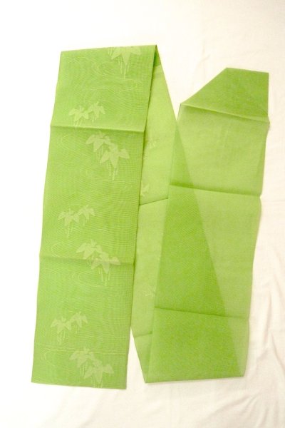 画像1: O0529C 八寸（袋名古屋）帯 女性用着物 麻  薄い 黄緑色 あやめ 【中古】 【USED】 【リサイクル】 ★★★☆☆ (1)
