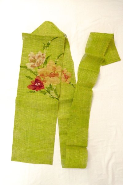 画像1: O0529D 八寸（袋名古屋）帯 女性用着物 麻  鮮やか 黄緑色 花 【中古】 【USED】 【リサイクル】 ★★★★☆ (1)