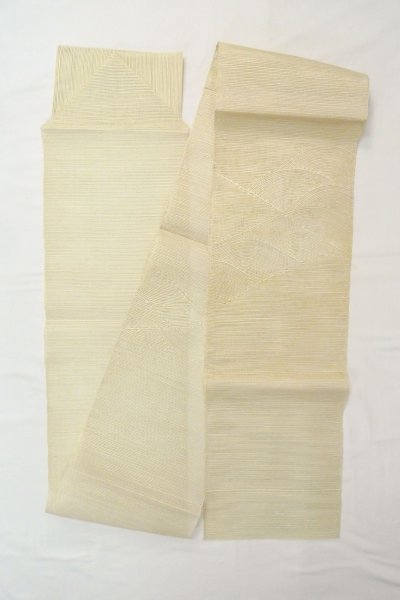 画像1: O0606B 名古屋帯 女性用着物 麻  淡い オフ　ホワイト 抽象的模様 【中古】 【USED】 【リサイクル】 ★★☆☆☆ (1)