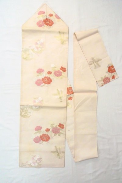 画像1: O0606D 名古屋帯 女性用着物 麻  淡い オフ　ホワイト ぼたん 【中古】 【USED】 【リサイクル】 ★★☆☆☆ (1)