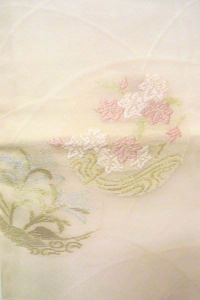 画像7: O0606D 名古屋帯 女性用着物 麻  淡い オフ　ホワイト ぼたん 【中古】 【USED】 【リサイクル】 ★★☆☆☆ (7)
