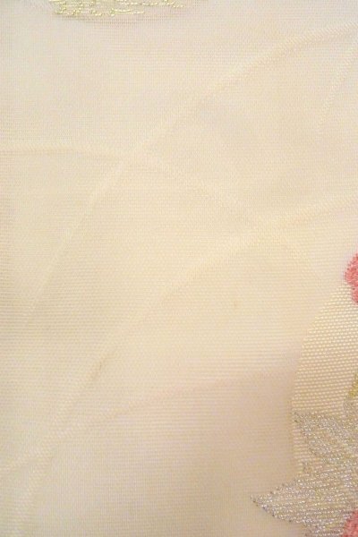 画像8: O0606D 名古屋帯 女性用着物 麻  淡い オフ　ホワイト ぼたん 【中古】 【USED】 【リサイクル】 ★★☆☆☆ (8)