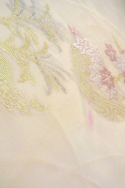 画像11: O0606D 名古屋帯 女性用着物 麻  淡い オフ　ホワイト ぼたん 【中古】 【USED】 【リサイクル】 ★★☆☆☆ (11)