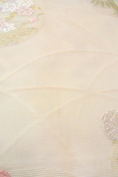 画像12: O0606D 名古屋帯 女性用着物 麻  淡い オフ　ホワイト ぼたん 【中古】 【USED】 【リサイクル】 ★★☆☆☆ (12)