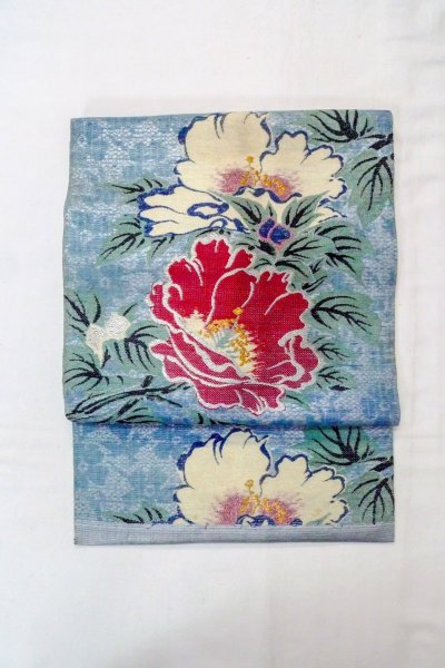 画像2: O0606E 名古屋帯 女性用着物 麻  光沢のある 銀色 花 【中古】 【USED】 【リサイクル】 ★☆☆☆☆ (2)