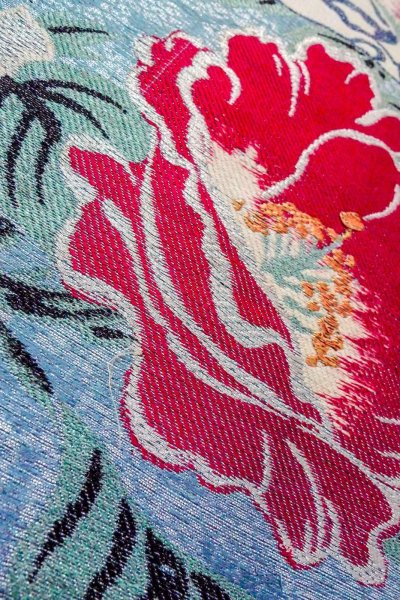 画像9: O0606E 名古屋帯 女性用着物 麻  光沢のある 銀色 花 【中古】 【USED】 【リサイクル】 ★☆☆☆☆ (9)