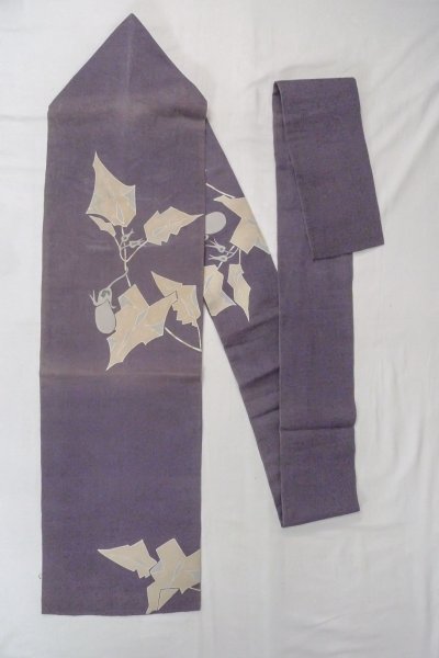 画像1: O0606F 名古屋帯 女性用着物 麻  深い 紫色 葉 【中古】 【USED】 【リサイクル】 ★★☆☆☆ (1)