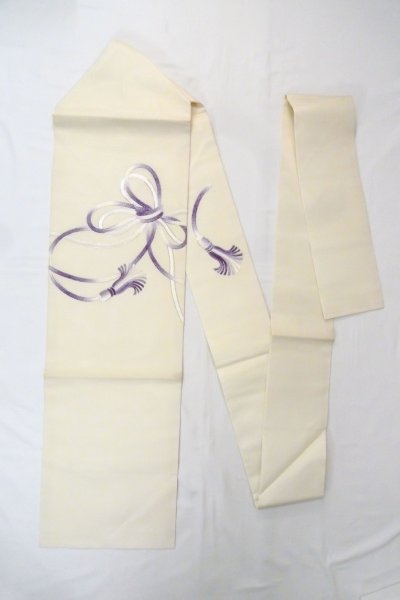画像1: O0606J 名古屋帯 女性用着物 麻  薄い オフ　ホワイト 房付き紐 【中古】 【USED】 【リサイクル】 ★★★☆☆ (1)
