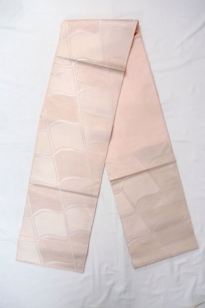 画像1: O0606K 袋帯 女性用着物 麻 光沢のある 淡い 桃色 幾何学模様 【中古】 【USED】 【リサイクル】 ★★★☆☆ (1)