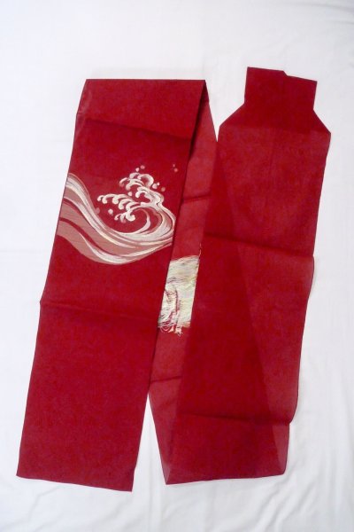 画像1: O0606N 八寸（袋名古屋）帯 女性用着物 麻   赤色 波 【中古】 【USED】 【リサイクル】 ★★★★☆ (1)