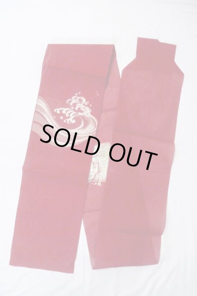 画像1: O0606N 八寸（袋名古屋）帯 女性用着物 麻   赤色 波 【中古】 【USED】 【リサイクル】 ★★★★☆ (1)