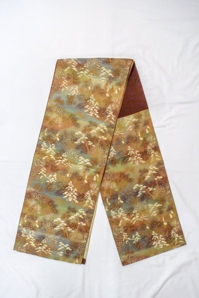 画像1: O0606R 八寸（袋名古屋）帯 女性用着物 シルク（正絹）   茶色 木 【中古】 【USED】 【リサイクル】 ★★☆☆☆ (1)