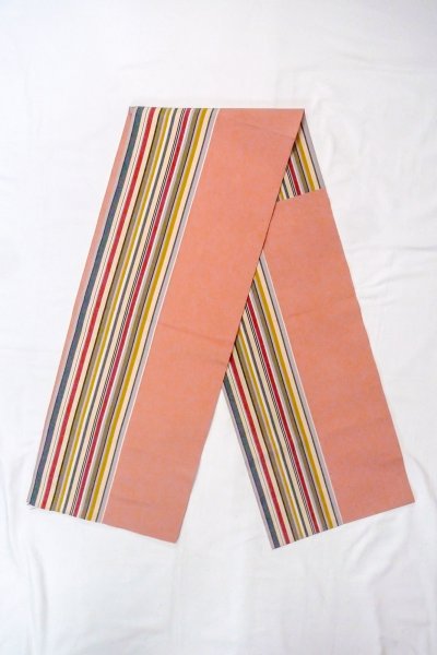 画像1: O0606S 八寸（袋名古屋）帯 女性用着物 シルク（正絹）   珊瑚色 縞 【中古】 【USED】 【リサイクル】 ★★☆☆☆ (1)