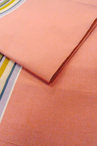 画像11: O0606S 八寸（袋名古屋）帯 女性用着物 シルク（正絹）   珊瑚色 縞 【中古】 【USED】 【リサイクル】 ★★☆☆☆ (11)