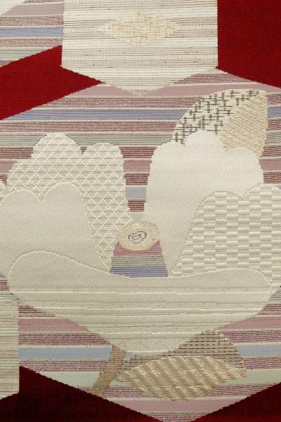 画像5: O0606V 八寸（袋名古屋）帯 女性用着物 シルク（正絹）  深い 赤色 椿 【中古】 【USED】 【リサイクル】 ★★★☆☆ (5)