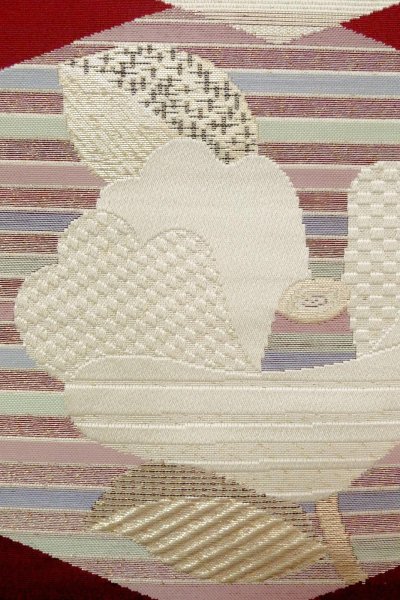 画像6: O0606V 八寸（袋名古屋）帯 女性用着物 シルク（正絹）  深い 赤色 椿 【中古】 【USED】 【リサイクル】 ★★★☆☆ (6)