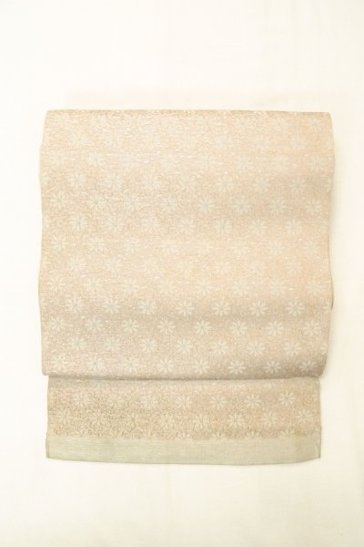 画像2: O0606W 八寸（袋名古屋）帯 女性用着物 シルク（正絹）  薄い 灰色 花 【中古】 【USED】 【リサイクル】 ★☆☆☆☆ (2)