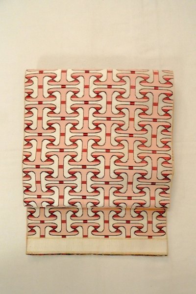 画像2: O0606X 八寸（袋名古屋）帯 女性用着物 シルク（正絹）   オフ　ホワイト 幾何学模様 【中古】 【USED】 【リサイクル】 ★★☆☆☆ (2)