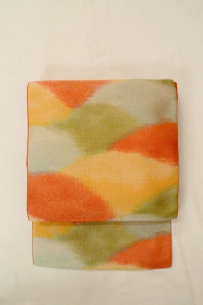 画像2: O0606Y 八寸（袋名古屋）帯 女性用着物 シルク（正絹）  光沢のある 赤色 山 【中古】 【USED】 【リサイクル】 ★★★☆☆ (2)