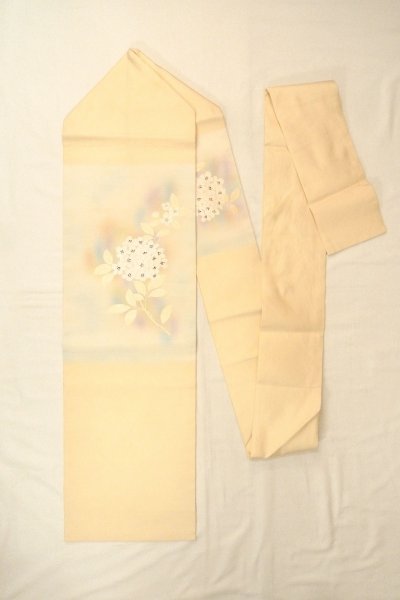画像1: O0607A 名古屋帯 女性用着物 シルク（正絹）   アイボリー 花 【中古】 【USED】 【リサイクル】 ★★★☆☆ (1)